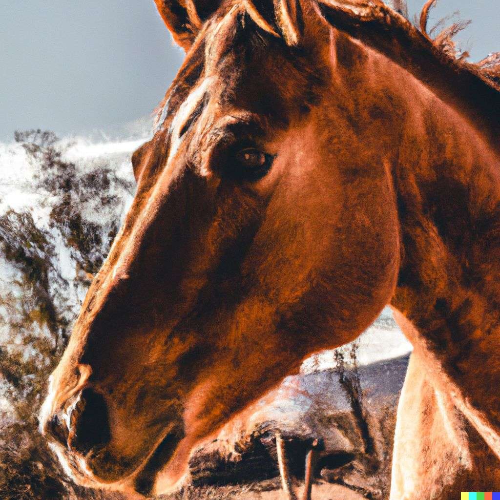 a horse, photograph, taken from a low angle
